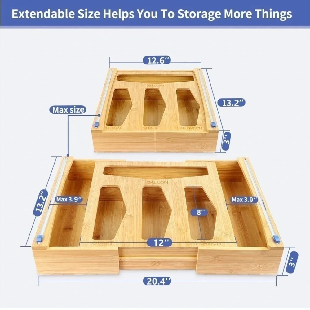 Brand New Ziploc Bag Storage Organizer Bamboo Expandable Wrap Dispenser & Cutter